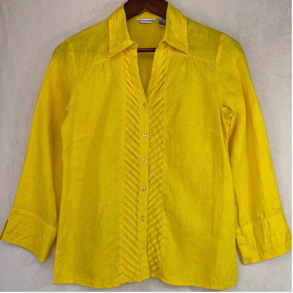 VINTAGE 100% LINEN Button Up Shirt Bright Yellow Top Long 3/4 Sleeve Womens
